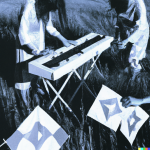 DALL·E 2022-10-07 10.05.17 – cyanotype sun bleached women playing synths and quilt stars in the fields of tennessee